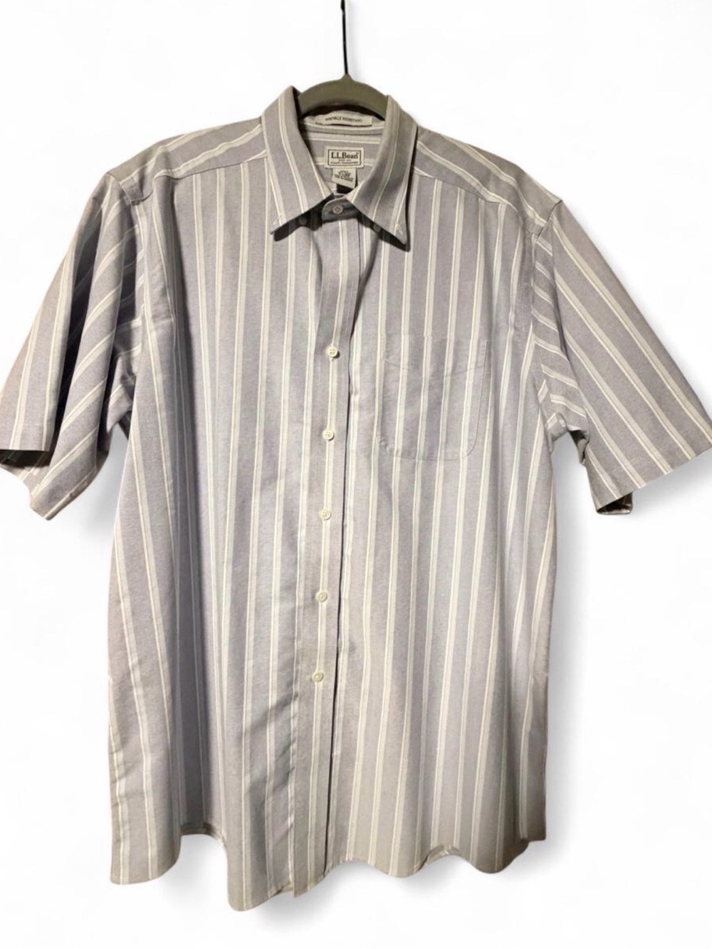 L.L. Bean Men’s Grandpa Style Short Sleeve Button-Up Shirt — Gray Stripe